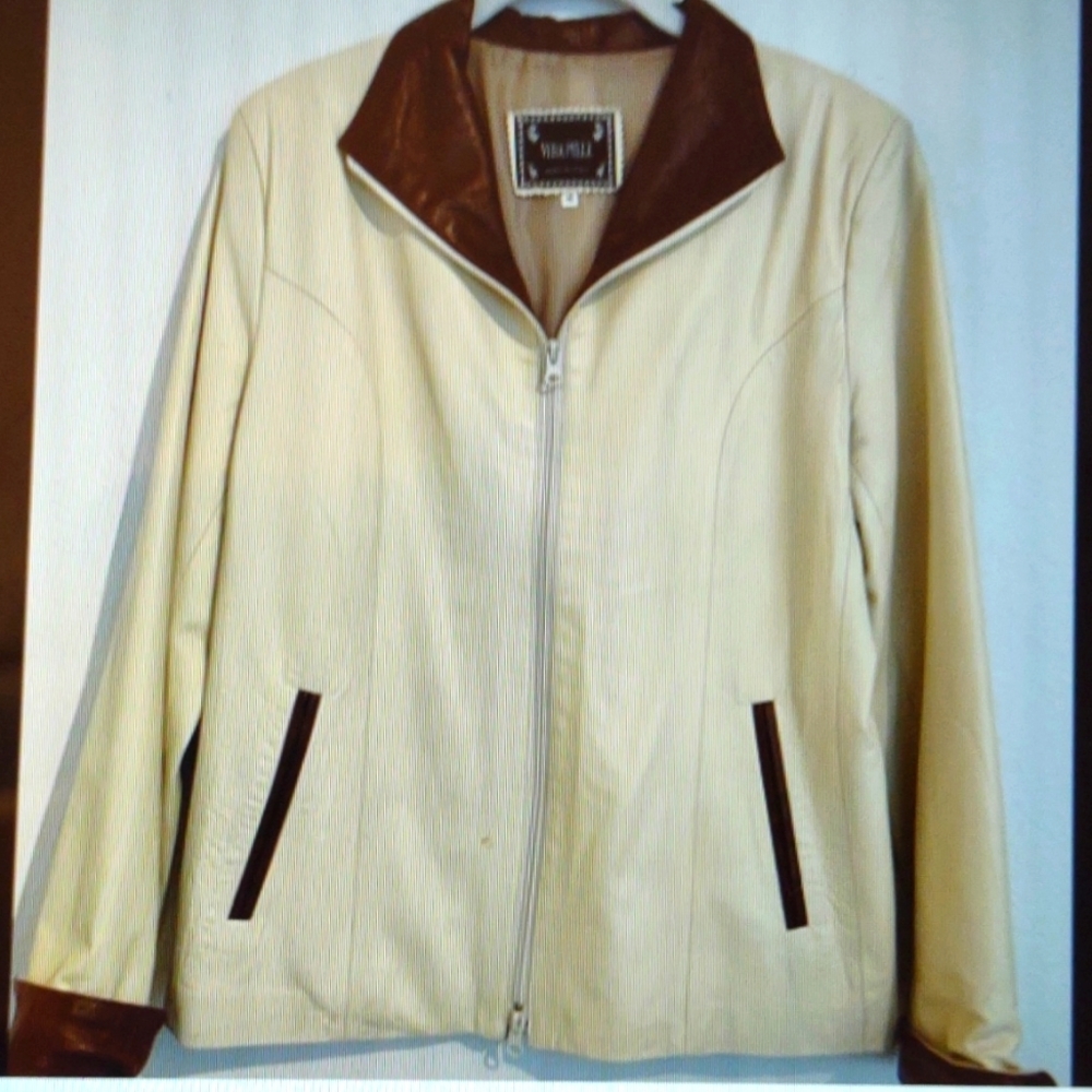 ITALIAN LEATHER JACKET BLAZER TOP VERA PELLE Cream Cognac SIZE MEDIUM EU 40 New